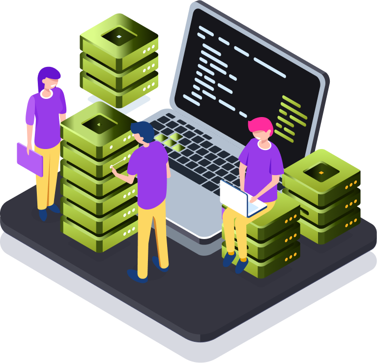 Graphic of a team working with CSV Geolocation using servers and a laptop